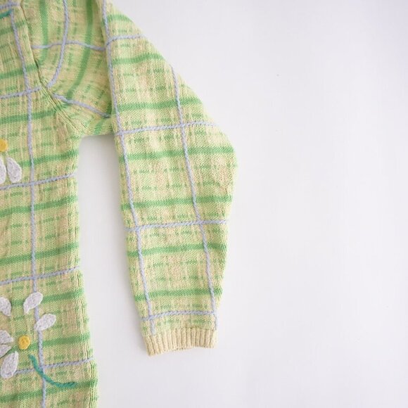 Talbots Petites Green Knit Yellow Checkered Embroidered Daisy Button Cardigan P - Picture 5 of 11